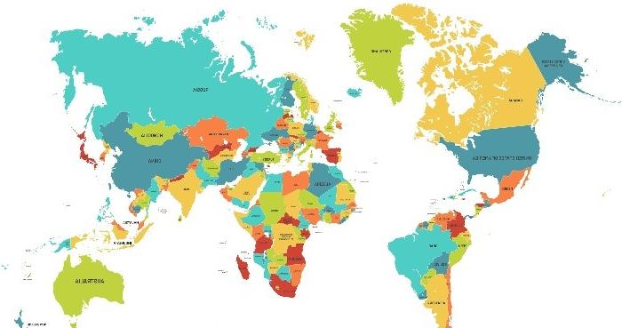 A map of the world with colorful nation boundaries